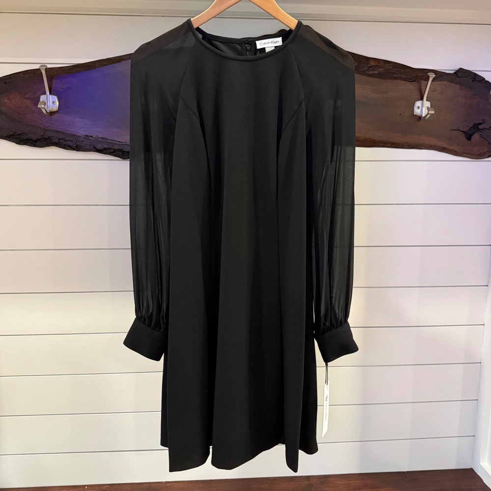NWT Calvin Klein Black Sheer Sleeve Shift Dress Size 8 Cocktail Work Party